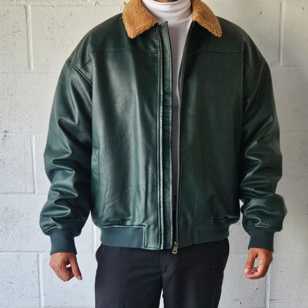 Men's Dark Green Cotton On Leather Jacket - Picture 6 of 14